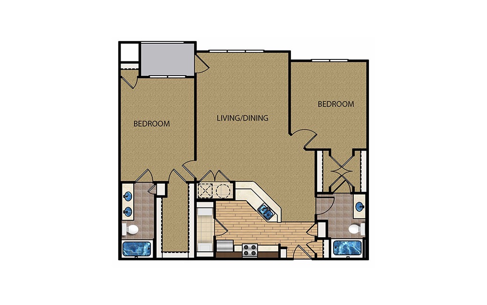 Basil - 2 bedroom floorplan layout with 2 baths and 1255 to 1403 square feet.