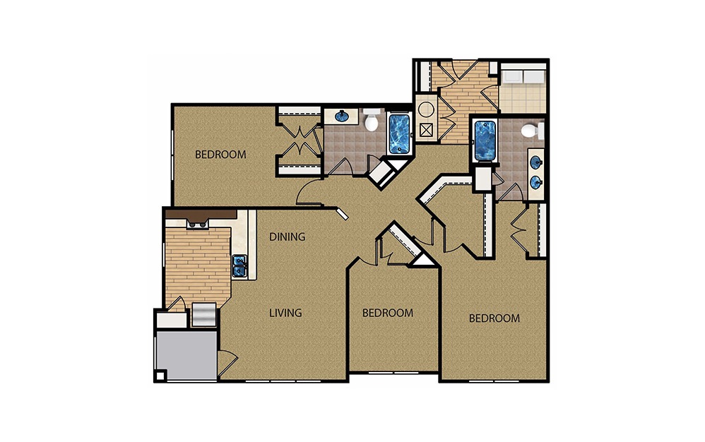 Clover - 3 bedroom floorplan layout with 2 baths and 1390 to 1443 square feet.