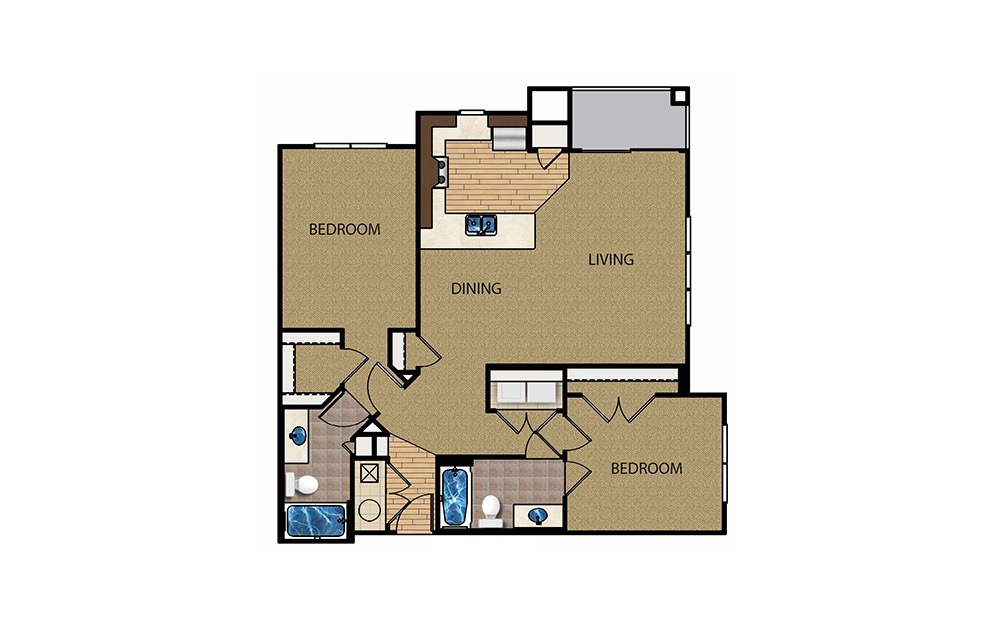 Forest - 2 bedroom floorplan layout with 2 baths and 1086 to 1343 square feet.